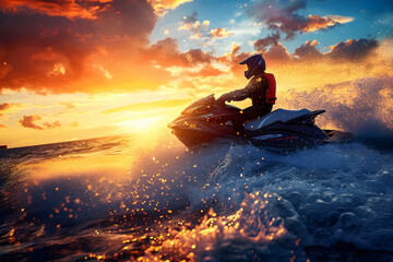 Thrilling Action of Jet Ski Adventure on Sparkling Waters Under a Vivid Sunset - obrazy, fototapety, plakaty