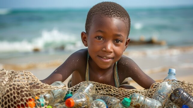 A young african boy holding a net full of plastic bottles