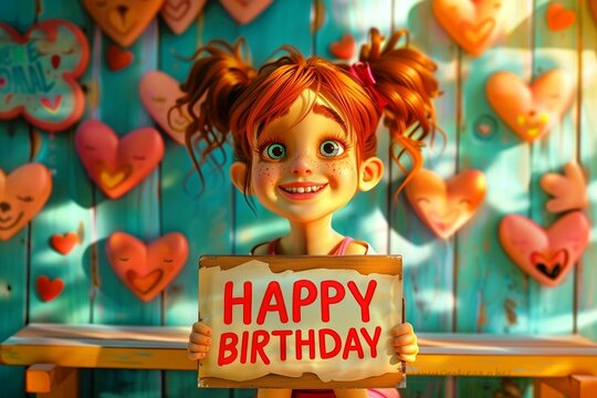 A cute smiling girl sits on a bench with red hearts on the wall in background and holds a sign “happy birthday”. Concept of congratulation cards. 
