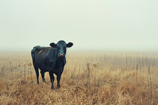 Vintage style cow in pastoral field. Rustic farm animal photography for print and design