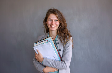 Confident young woman holding folders. Smiling student or teacher with documents on grey background