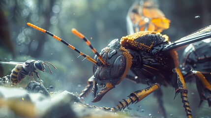 A dynamic scene featuring a Japanese Giant Hornet in aggressive pursuit of a bee, highlighting its size and potent sting capabilities - obrazy, fototapety, plakaty