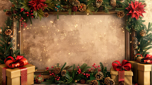 A festive picture frame decorated with various Christmas ornaments and surrounded by neatly wrapped presents, creating a cheerful holiday scene. Banner. Copy space
