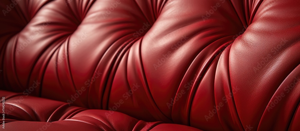 Poster an image showcasing a detailed view of a red leather sofa with a distinctive curved back design