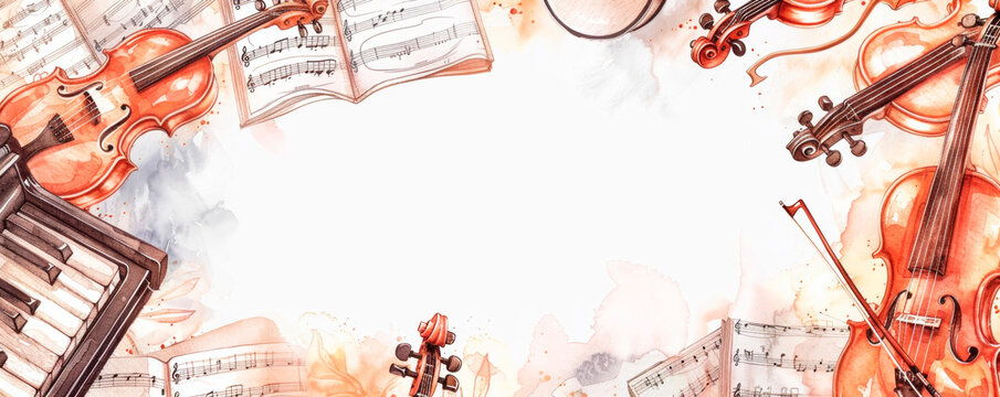 A watercolor painting featuring a detailed illustration of a violin surrounded by swirling music notes and symbols in varying sizes and colors. Banner. Copy space