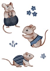 Illustration, set, with mouse in clothes, blots and flowers, watercolor