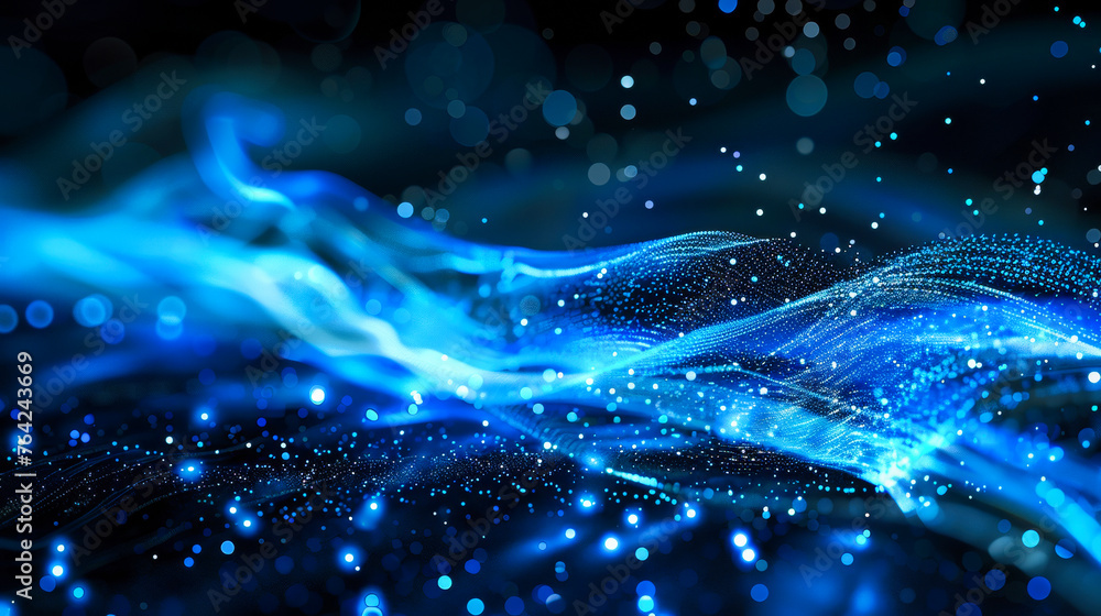 Poster abstract blue data flow light streak over a black background. communication technology and data traf