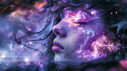 The face of a dreamy girl in purple colors, dream and meditation concept