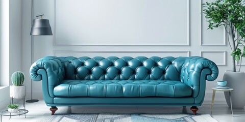 A blue leather couch sitting in a living room