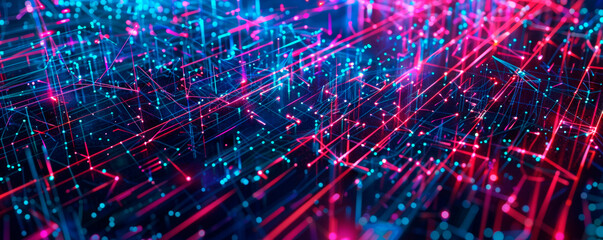 Obraz premium Lines intersect with dots on vibrant, dynamic background, creating visually stimulating abstract . Artificial Intelligence. AI. Data transmission. Big data. Virtual reality. Banner. Copy space