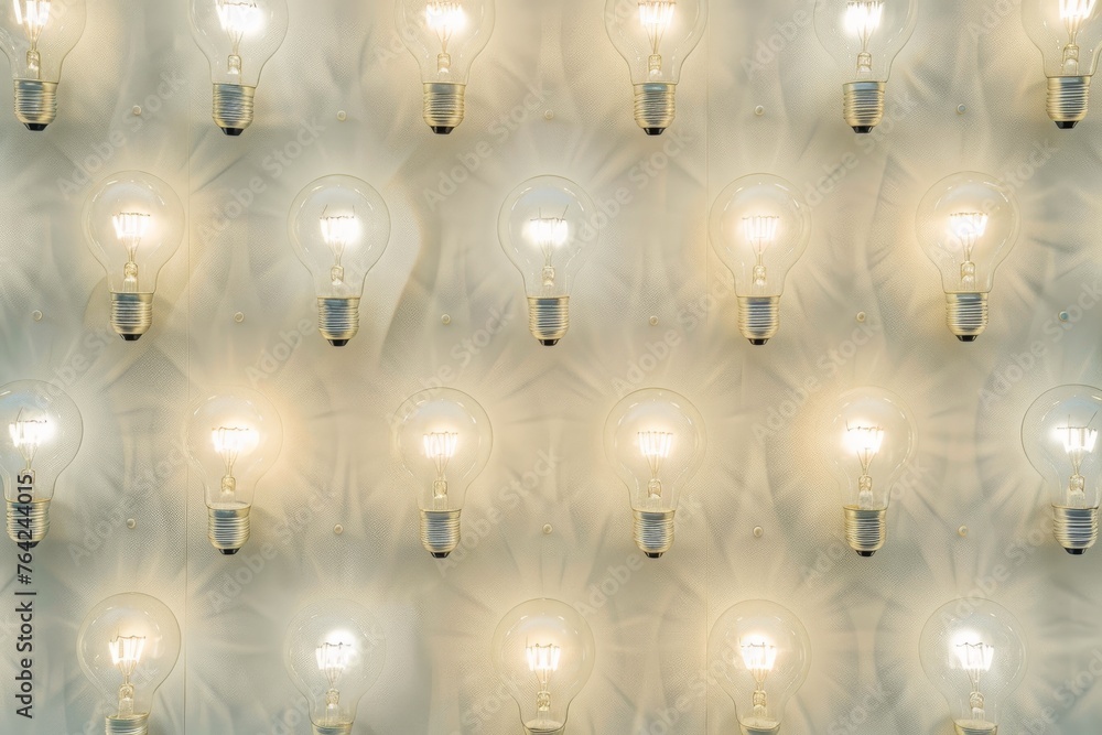 Poster a wall of light bulbs with a white background. the bulbs are all lit up and are arranged in a grid p