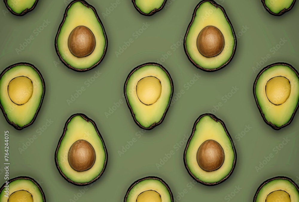 Poster a close up of a bunch of avocados with the center of each one cut open. the avocados are arranged in