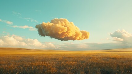A large yellow cloud is floating in the sky above a field of yellow grass. The sky is mostly blue with a few clouds scattered throughout. Scene is peaceful and serene, with the vast open field - obrazy, fototapety, plakaty
