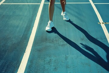 A woman is walking on a blue track with white lines. She is wearing white shoes and is holding her hand up