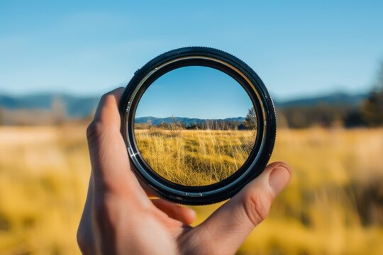A person is holding a lens and looking through it at a field. The field is full of grass and trees, and the sky is clear and blue
