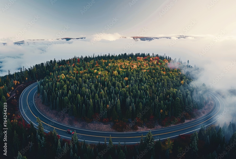 Poster a winding road with trees on both sides and a cloudy sky in the background. the road is surrounded b