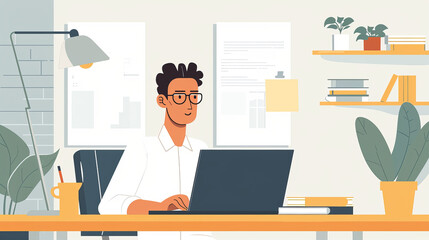 Naklejka premium A man is sitting at a desk with a laptop, illustration