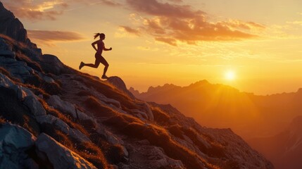 A solitary runner takes on a mountain trail at sunset, embodying the spirit of endurance and the pursuit of personal fitness goals. AIG41 - obrazy, fototapety, plakaty
