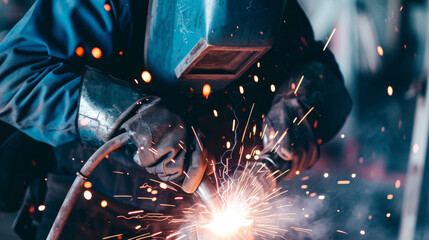 A man in a blue shirt is wearing a pair of gloves and working with a welding torch. Concept of danger and risk, as the man is working with a potentially hazardous tool