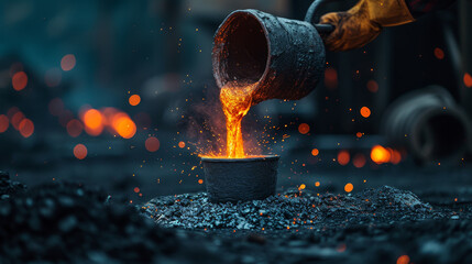 pouring molten metal into a small container - obrazy, fototapety, plakaty