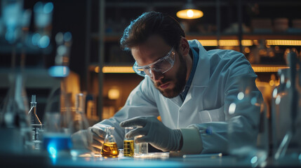 A man in a lab coat is working with various chemicals and beakers