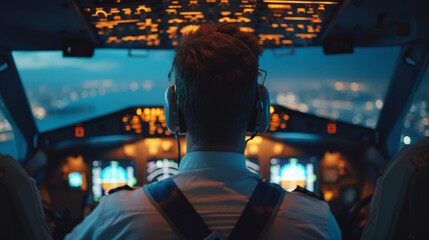 A pilot is flying a plane with a city view in the background - obrazy, fototapety, plakaty