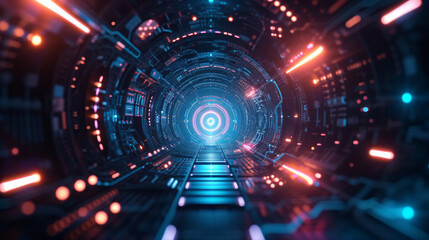 Obraz premium A futuristic tunnel with neon lights and a glowing orb in the center