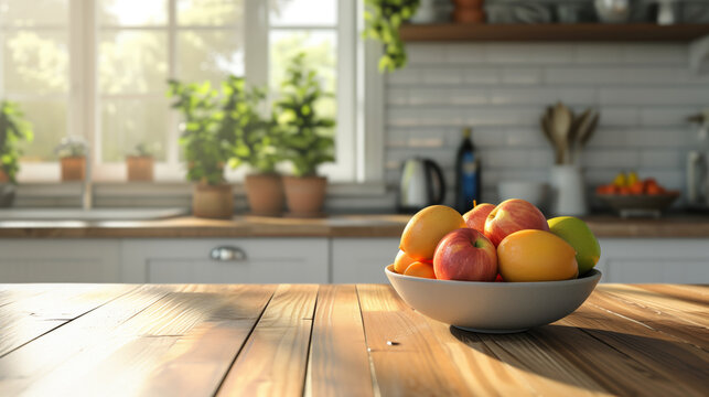 A bowl of fruit sits on a wooden table in a kitchen