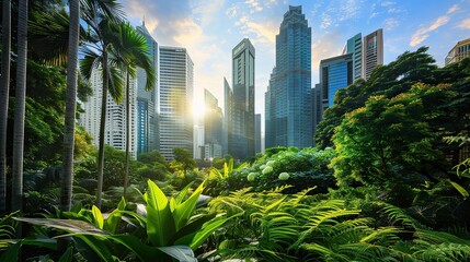 Eco-futuristic cityscape full of greenery in the urban area against the backdrop of blue sky and bright sunlight - obrazy, fototapety, plakaty