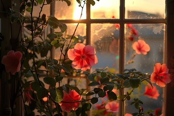 Golden hour blooms through dewy window.