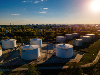 Petrol industrial zone. Aerial view of round tanks