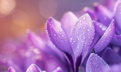 A close-up of delicate violet crocuses with dewdrops glistening on their petals