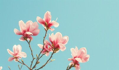 Obraz premium A cluster of pink magnolia blossoms against a clear blue sky