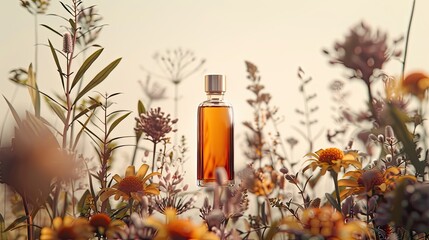 an oil bottle against a natural background, showcasing its natural ingredients and leaving ample...