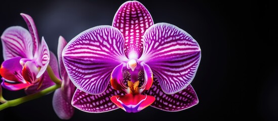 Close-up of a stunning orchid in purple and white hues with a vibrant red center against a dark backdrop