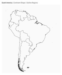South America. Simple vector map. Continent shape. Outline Regions style. Border of South America. Vector illustration.