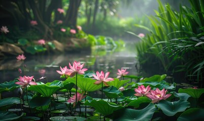A serene pond surrounded by blooming pink lotus flowers and lush green foliage
