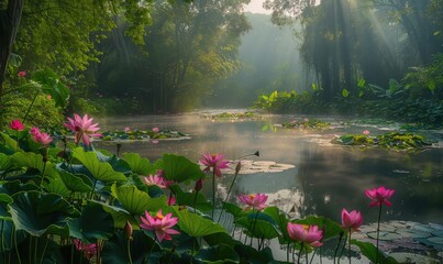 A serene pond surrounded by blooming pink lotus flowers and lush green foliage