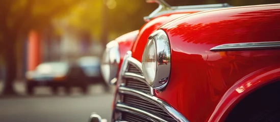 Fotobehang Close up of a red vintage automobile with shiny hood © Ilgun