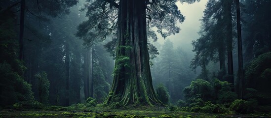 A majestic tree covered in moss in a dense forest