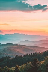 Sunset View of Mountain Range With Trees