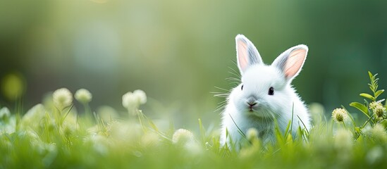 Sweet white bunny on green grass with head turned - obrazy, fototapety, plakaty