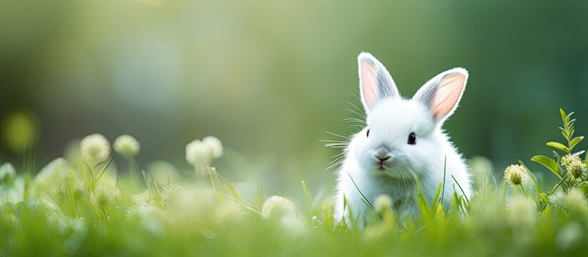 Sweet white bunny on green grass with head turned