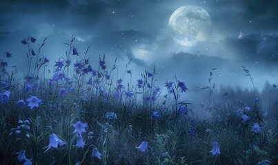 Bellflowers in a meadow under the moonlight, closeup view