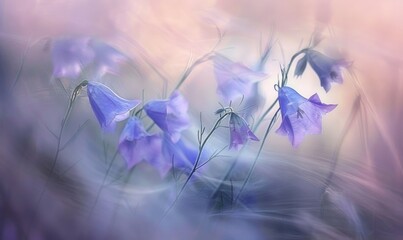 Bellflowers swaying in the breeze, closeup view, soft focus, bokeh - obrazy, fototapety, plakaty
