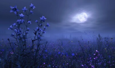 Bellflowers in a meadow under the moonlight, closeup view