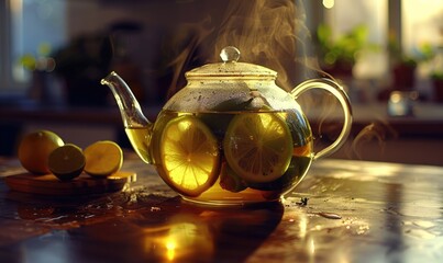 Bergamot tea brewing in a glass teapot - obrazy, fototapety, plakaty