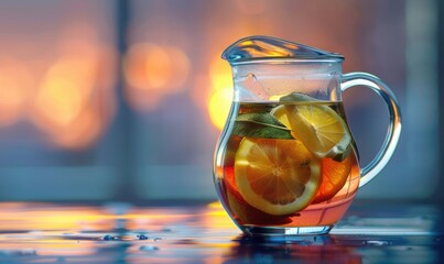 Bergamot tea infusion in a clear glass pitcher - obrazy, fototapety, plakaty