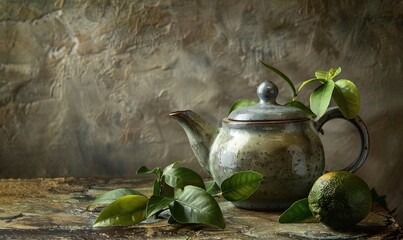 Bergamot tea leaves in a ceramic teapot, ceramic teapot, bergamot leaves and fresh lime still life