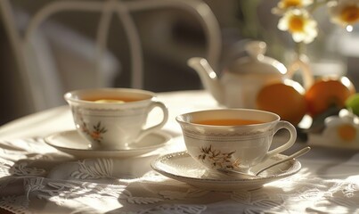 Fototapeta premium Two cups of tea served in delicate porcelain cups